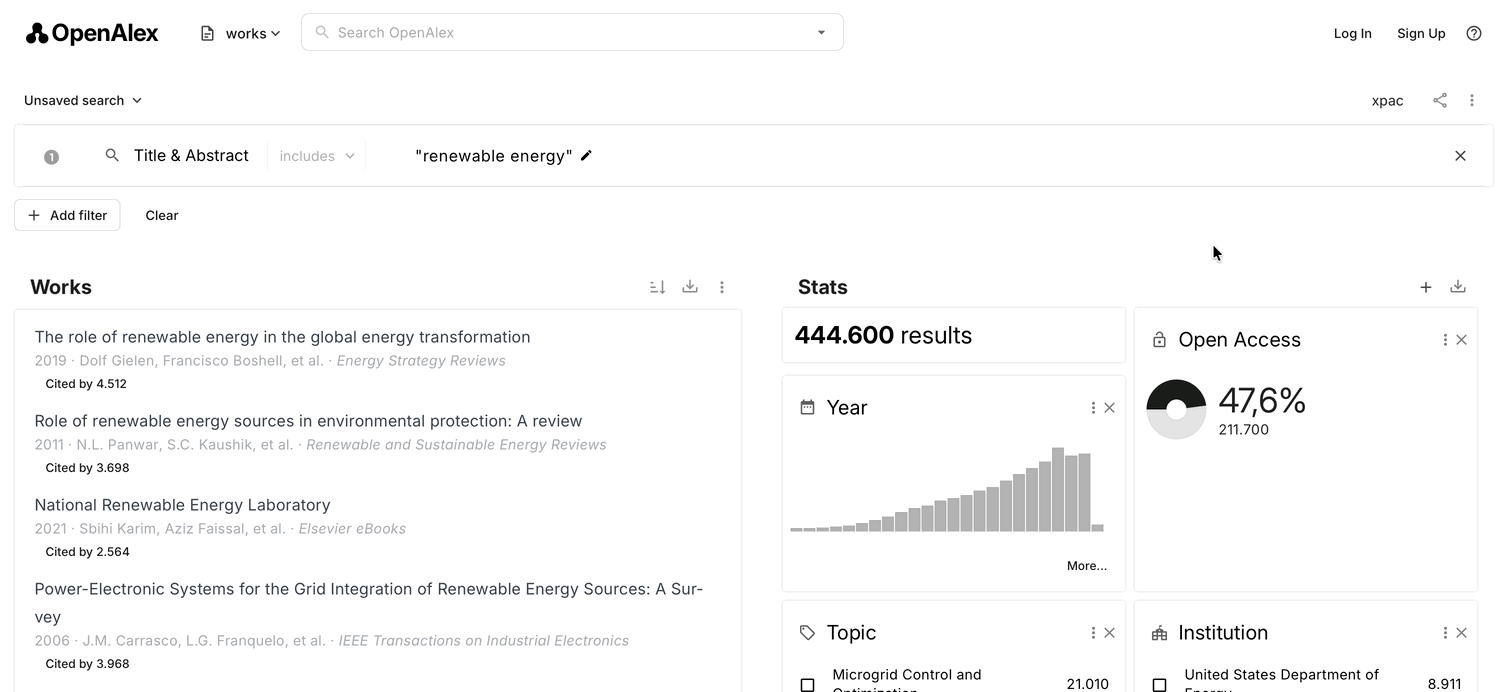 OpenAlex filter selection