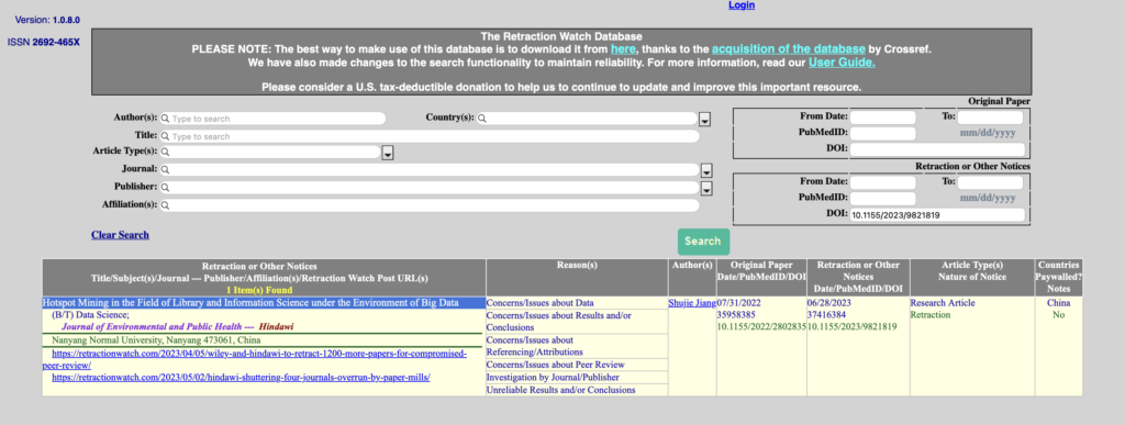 Retraction Watch search interface