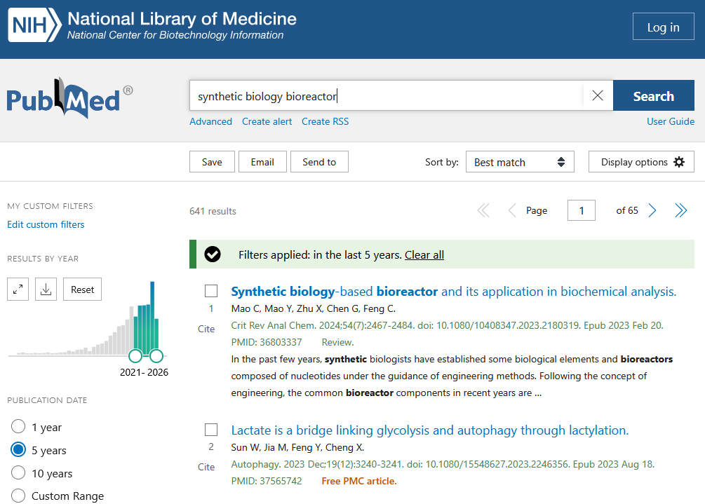 Screenshot of the search results for a basic query in PubMed. Image not under a free license.