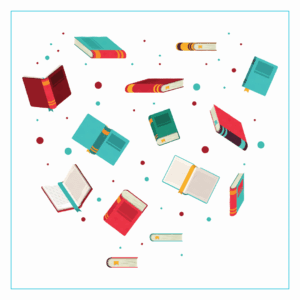 graphic shows multiple, scattered books some of which are opened