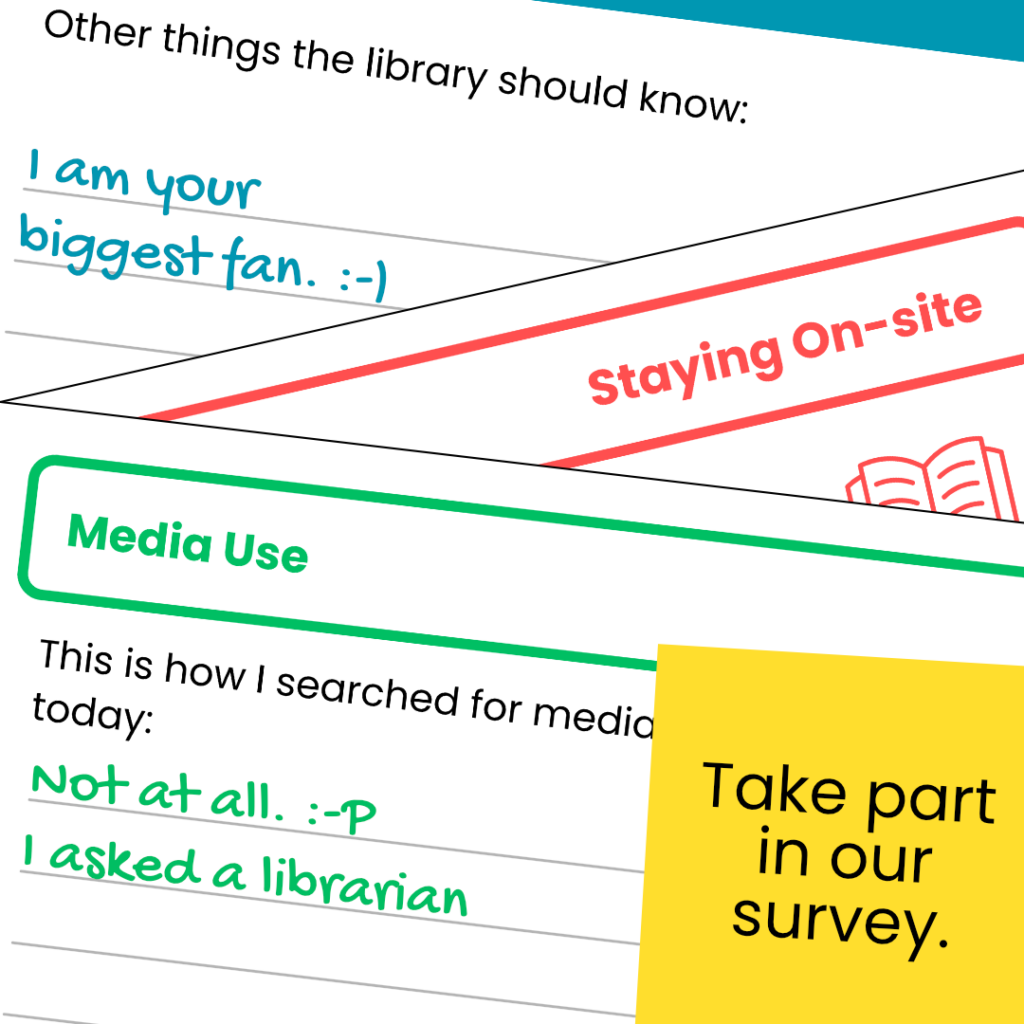 Various sections of a questionnaire on library use, with the invitation: ‘Take part in our study’