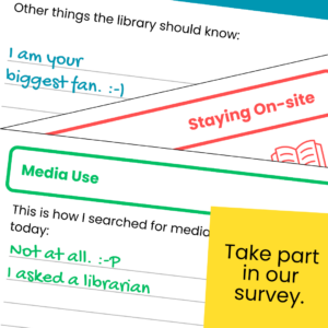 Various sections of a questionnaire on library use, with the invitation: ‘Take part in our study’