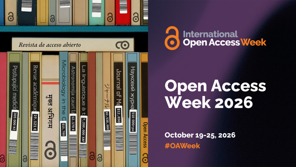 Open Access Week 2026: Bookshelf with journals and a notice about Open Access Week, October 19–25, 2026