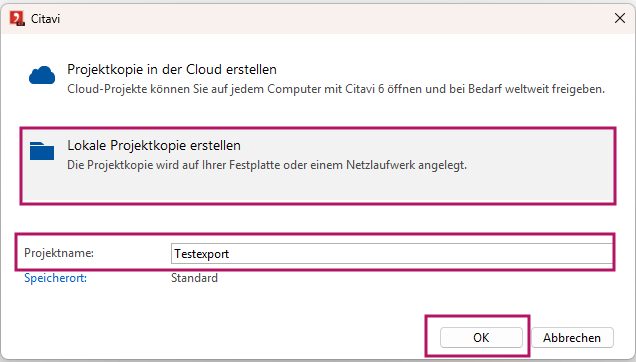 Projektkopie erstellen