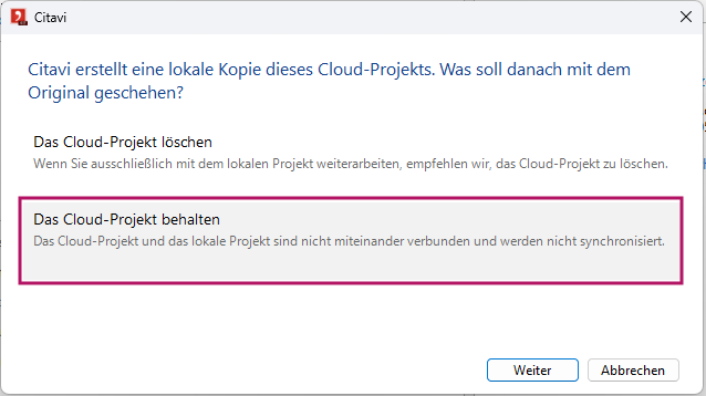 Cloud-Projekt behalten