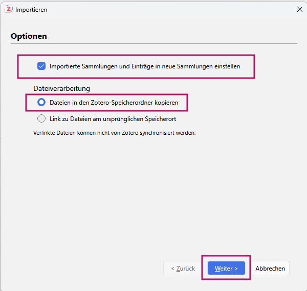 Weitere Importoptionen