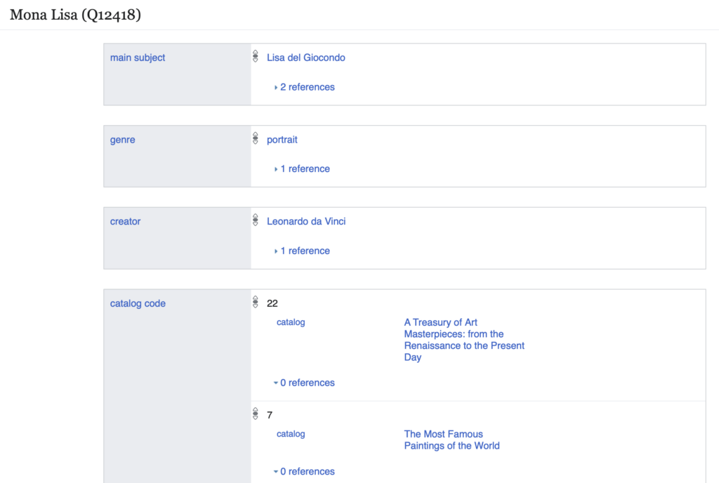 Wikidata item for Mona Lisa showing the statement creator: Leonardo da Vinci.