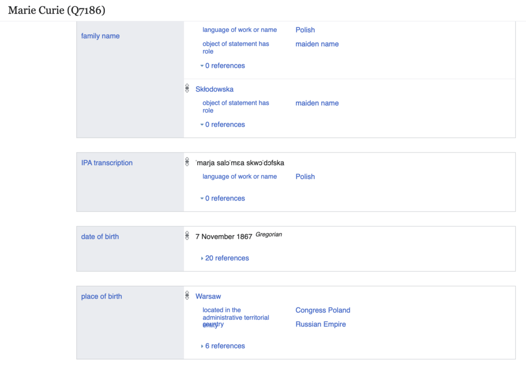 Wikidata item for Marie Curie showing selected statements, including place of birth: Warsaw