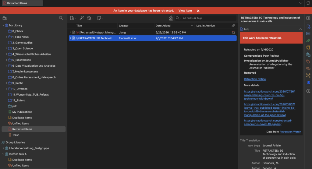 Retraction Watch Plugin in Zotero