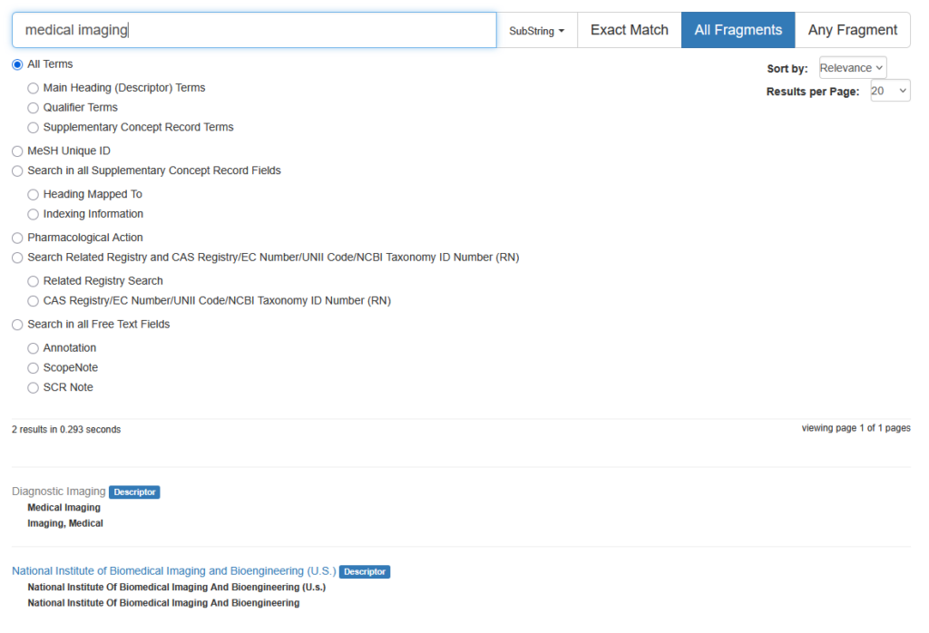 Screenshot einer Suche nach MeSH Terms. Bild nicht unter freier Lizenz.