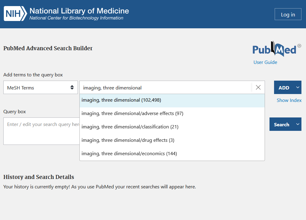 Screenshot einer fortgeschrittenen Suche in PubMed. Hier: Auswahl von Begriffen aus dem kontrollierten Vokabular mit Show Index. Bild nicht unter freier Lizenz.
