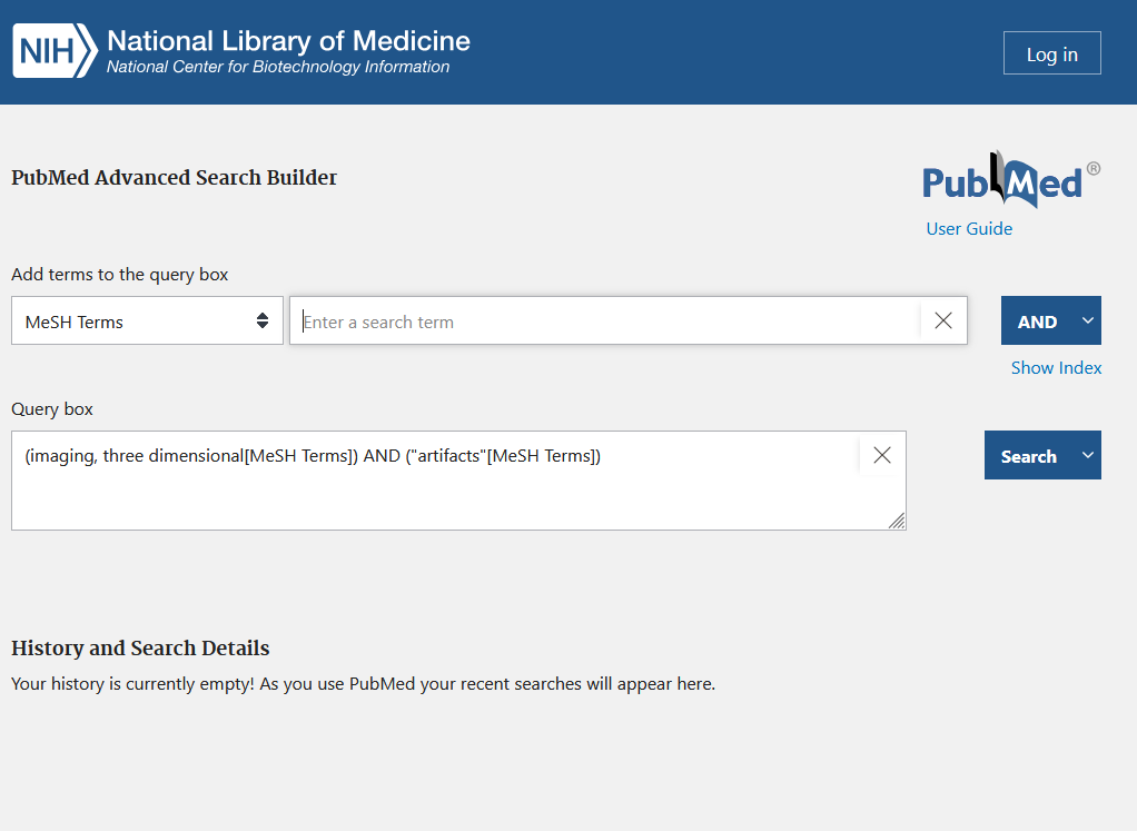 Screenshot einer fortgeschrittenen Suche in PubMed. Hier: Konstruktion einer komplexen Abfrage in der Query Box. Bild nicht unter freier Lizenz.