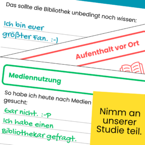 Verschiedene Ausschnitte eines Umfragebogens zur Bibliotheksnutzung mit dem Aufruf "Nimm an der unserer Studie teil"