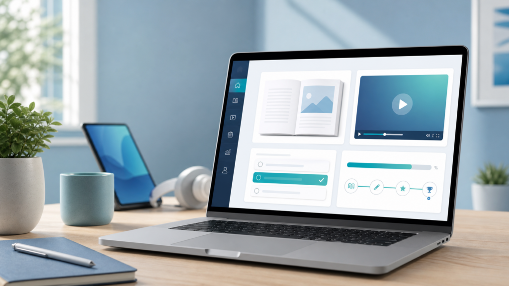 Das Bild zeigt einen Schreibtisch mit Laptop und weiterem Arbeitsmaterial. Auf dem Laptop ist eine digitale Lernplattform zu erkennen. KI-Generiert