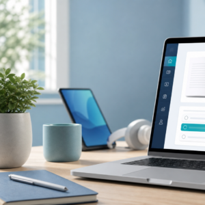 Das Bild zeigt einen Schreibtisch mit Laptop und weiterem Arbeitsmaterial. Auf dem Laptop ist eine digitale Lernplattform zu erkennen. KI-Generiert