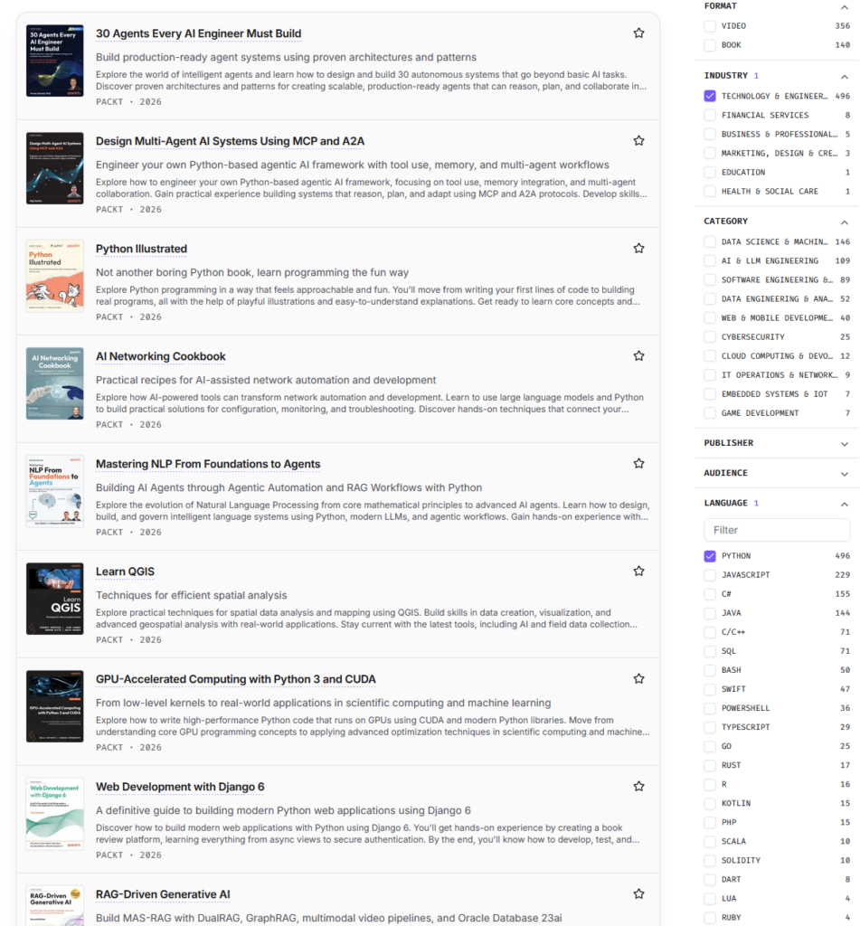 Übersicht verfügbarer Kurse in ExpertEdge Der Screenshot zeigt eine Übersicht verfügbarer Kurse. Im rechten Bereich lässt sich über sog. Facetten das Suchergebnis filtern. Hierbei werden bspw. Programmiersprachen als Filterkriterium angeboten. Ein Schwerpunkt im Screenshot sind Inhalte zur Programmiersprache Python.