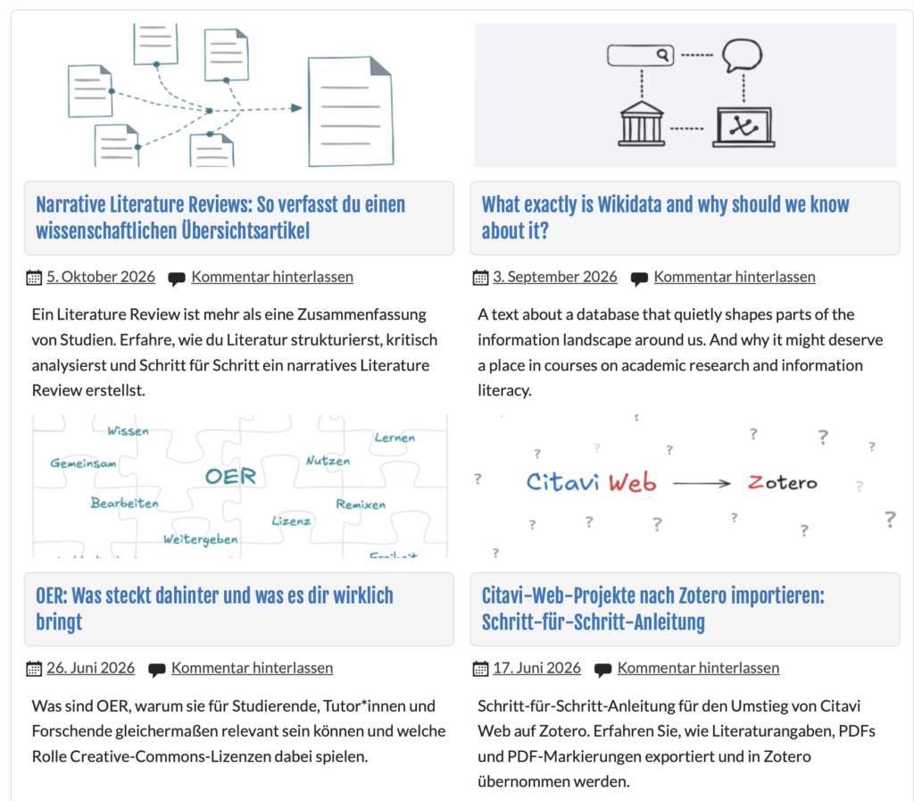 Screenshot tub.torials-Beitragsübersicht mit vier Artikeln zu Literature Reviews, Wikidata, OER und Literaturverwaltung.